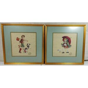Boy Play with Dog Girl Walk with Umbrella Wall Hanging Frame Needlepoint Set 2